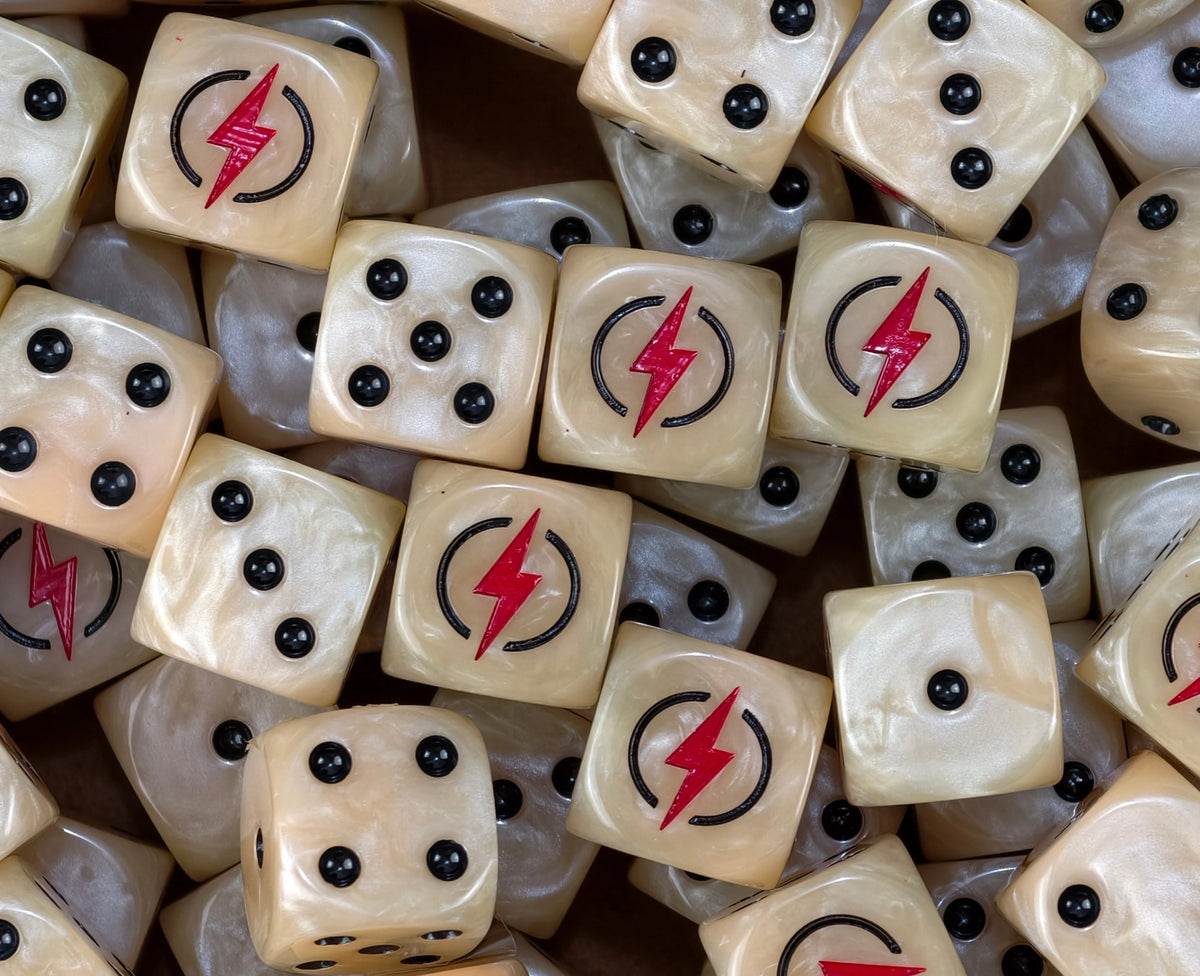 A pile of bone beige Steel Legion D6 with red lightning bolts