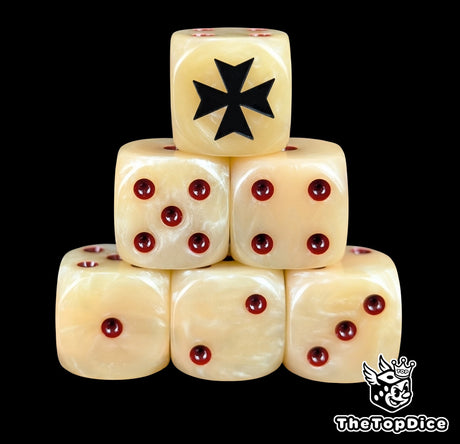 Bone 16mm D6 dice with a black crusader cross emblem and red pips for sci-fi wargaming
