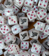 Pile of white alien swarm 16mm D6 dice for a sci-fi hive army