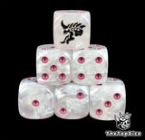 White 16mm D6 dice with a black alien head emblem and purple pips for sci-fi wargaming