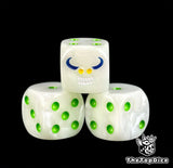 Three rotten white Nurgle dice with a grinning imp and green pips