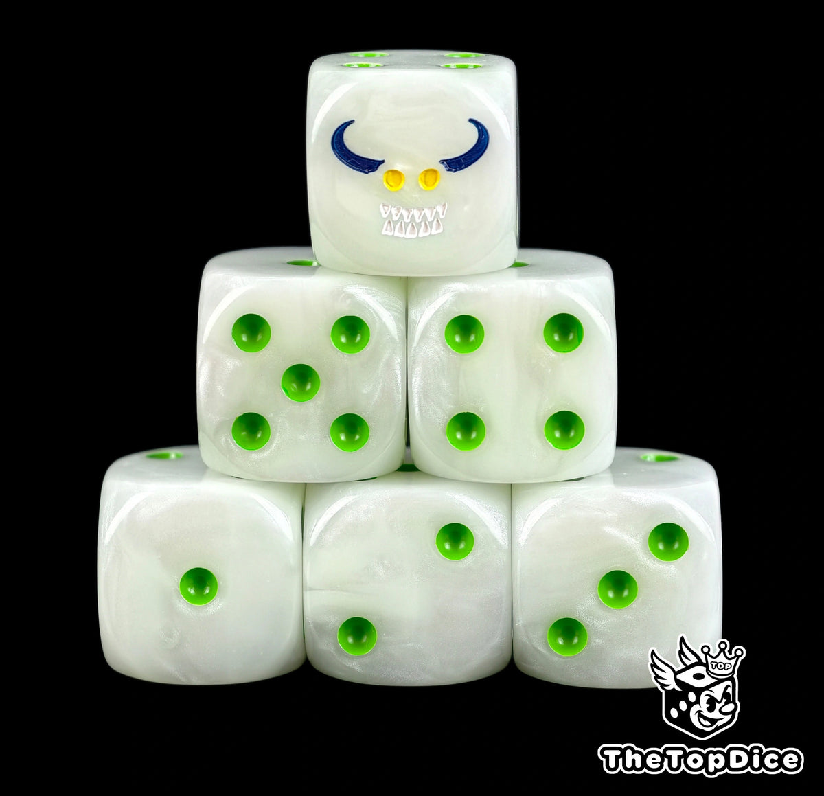 Six bone white Nurgling D6 stacked, green pips and a blue horned imp