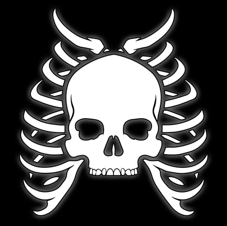 Skull framed by curved rib bones in white on black, tile for bone constructs 16mm fantasy dice