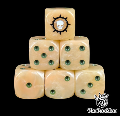 Beige 16mm D6 dice with a thorned skull emblem and rotten green pips for sci-fi wargaming