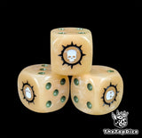 Close up of a beige 16mm resin D6 die engraved with a black thorned circle holding a white skull