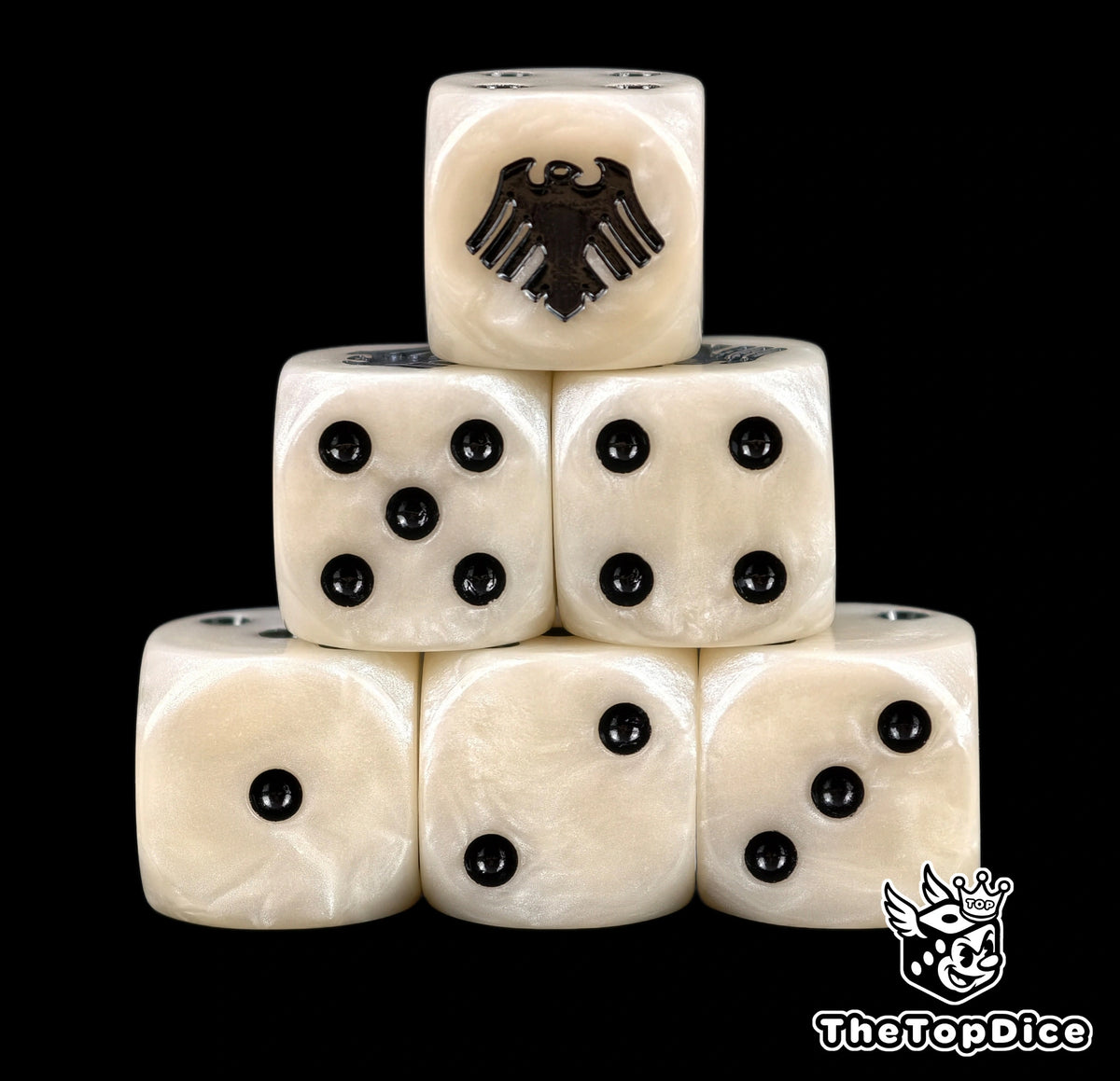 Six bone Raven Guard D6 stacked, black pips and a black raven