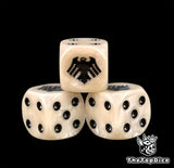 Three cream Raven Guard dice with a black raven and black pips