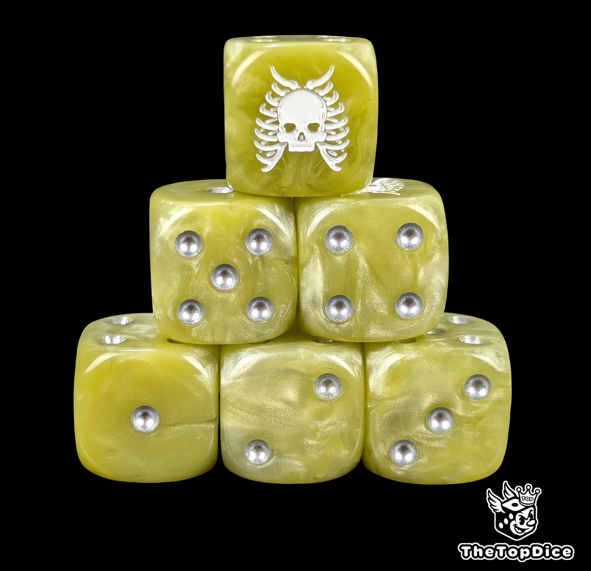 Bone 16mm D6 dice with a white skull and ribs emblem and silver pips for fantasy wargaming