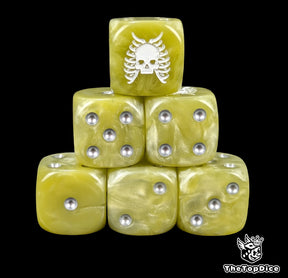 Bone 16mm D6 dice with a white skull and ribs emblem and silver pips for fantasy wargaming