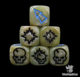Close up of three bone white 16mm block dice with blue pips for resolving blocks