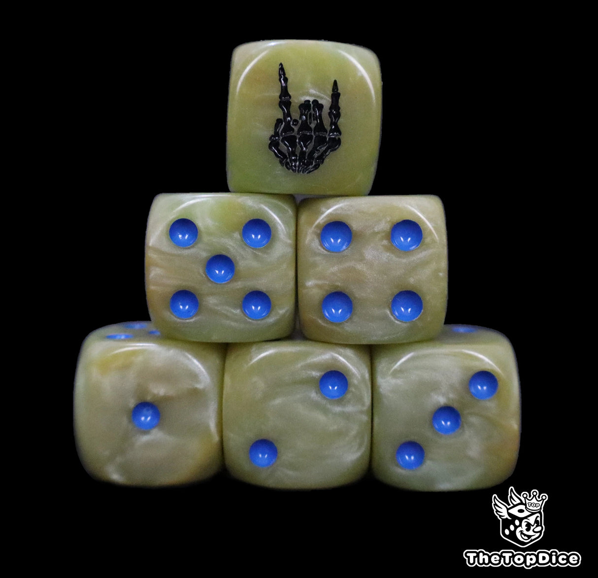 Close up of two bone white D6 with a black skeleton hand logo on the six face for fantasy football