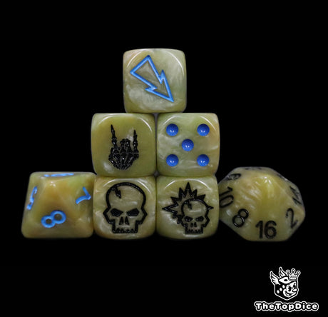 Bone white undead fantasy football dice set of seven 16mm resin dice compatible with Blood Bowl