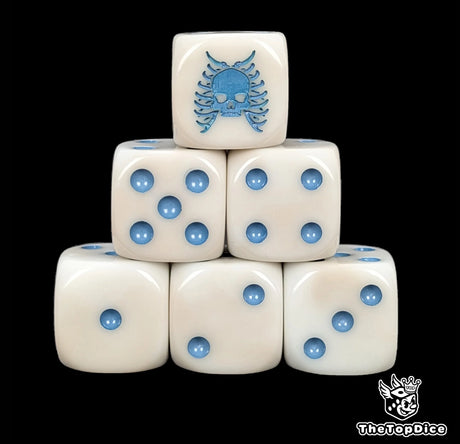 Bone white 16mm D6 dice with a blue skull emblem and blue pips for fantasy wargaming