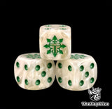 Three pearl white knight dice with a green chaos star helm