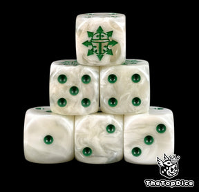 Six bone white Chaos Knight D6 stacked, green pips and a green helm