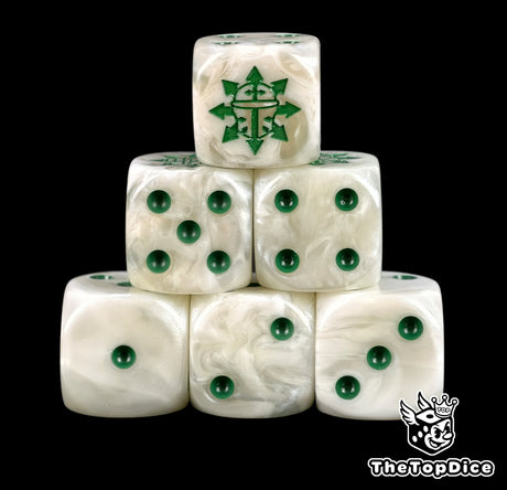 Six bone white Chaos Knight D6 stacked, green pips and a green helm