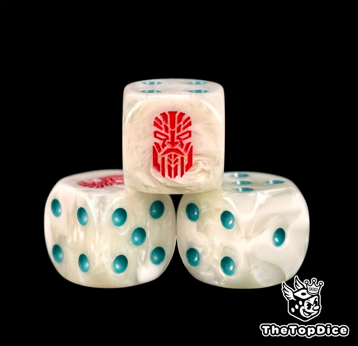 Three pearl white space dwarf dice with teal pips and a red rune