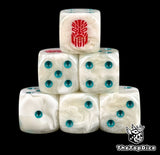 Six bone white Votann D6 stacked, teal pips and a red kin rune