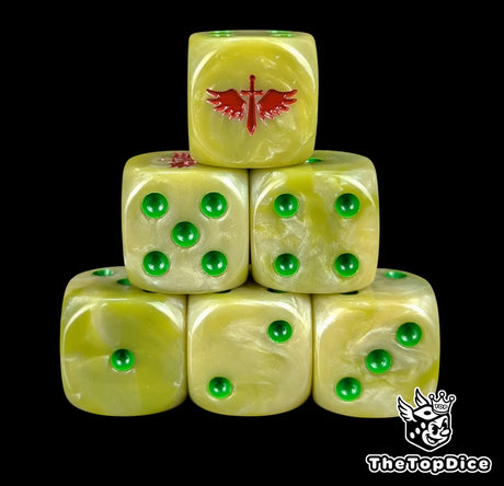 Bone white 16mm D6 dice with a red winged sword emblem and green pips for sci-fi wargaming