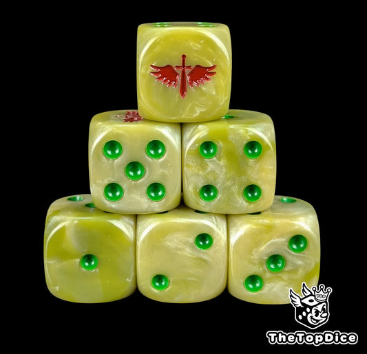 Bone white 16mm D6 dice with a red winged sword emblem and green pips for sci-fi wargaming