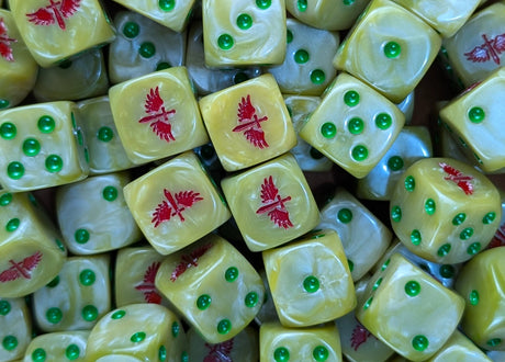 Pile of bone white winged sword 16mm D6 dice for a sci-fi knight army