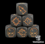Six matte black Blood Bowl block dice stacked in a pyramid with bronze skull, pow and push symbols