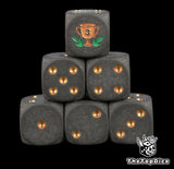 Six matte black D6 stacked in a pyramid, bronze number three cup in a small green laurel on top and bronze pips