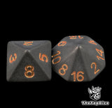 Matte black 16mm D8 and D16 with bronze numbers from the Bronze Third Place Trophy dice set
