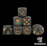 Bronze third place trophy Blood Bowl dice set, seven matte black 16mm dice with block dice, a tournament podium prize