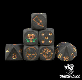 Bronze third place trophy Blood Bowl dice set, seven matte black 16mm dice with block dice, a tournament podium prize