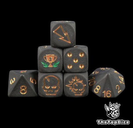 Bronze third place trophy Blood Bowl dice set, seven matte black 16mm dice with block dice, a tournament podium prize