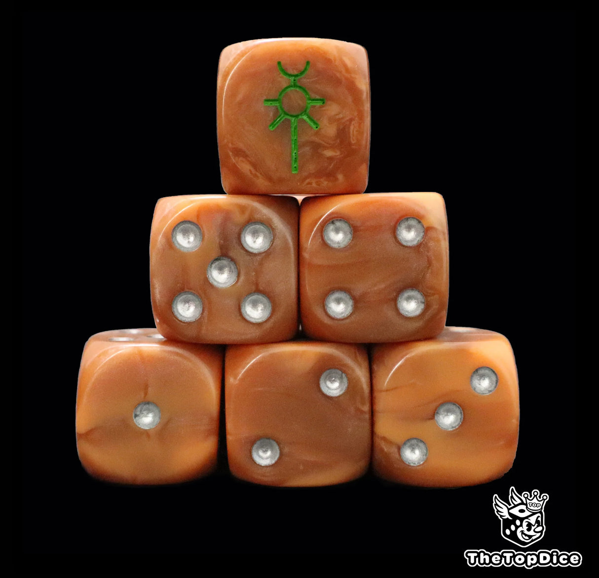 Bronze 16mm D6 dice with a green rune emblem and silver pips for sci-fi wargaming