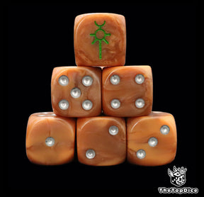Bronze 16mm D6 dice with a green rune emblem and silver pips for sci-fi wargaming