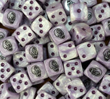 Pile of white alien hybrid 16mm D6 dice for a sci-fi xeno army