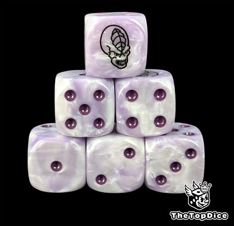White and pink 16mm D6 dice with a black alien face and purple pips for sci-fi wargaming