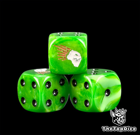 Three green Kroot dice with a white beaked face and brown quills