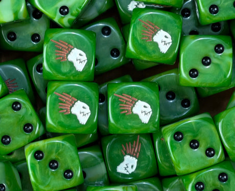 A pile of green Kroot dice with black pips and brown quilled crests