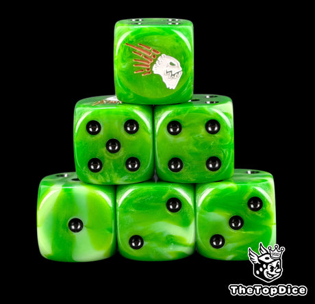 Six green Kroot D6 stacked, black pips and a brown quilled crest