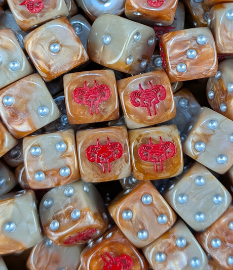 Pile of brown and grey horned helm 16mm D6 dice for a fantasy beast herd