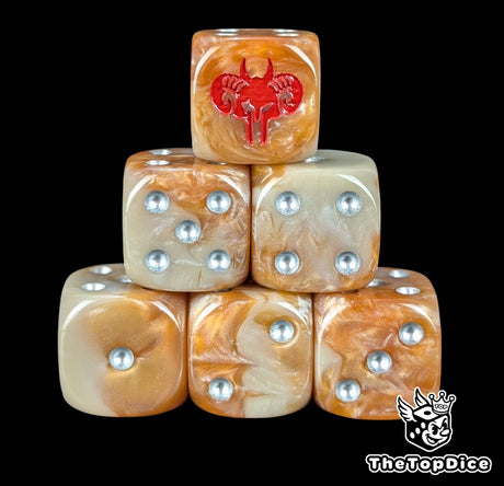 Brown and grey 16mm D6 dice with a red horned helm emblem and silver pips for fantasy wargaming