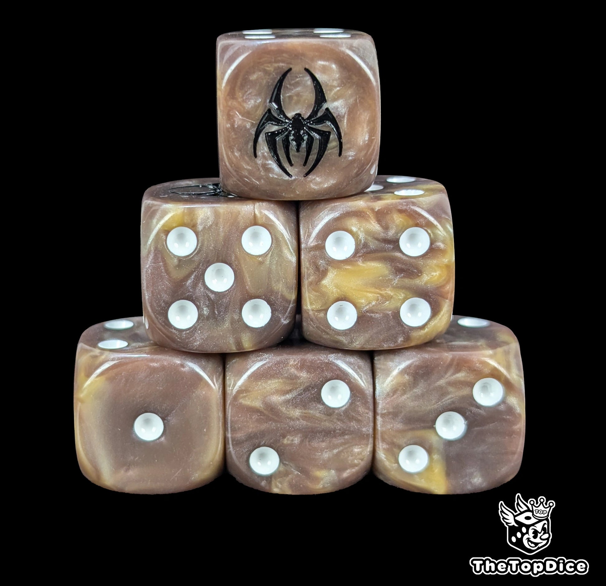 Spider brown 16mm D6 dice with a black spider emblem and white pips for epic fantasy wargames