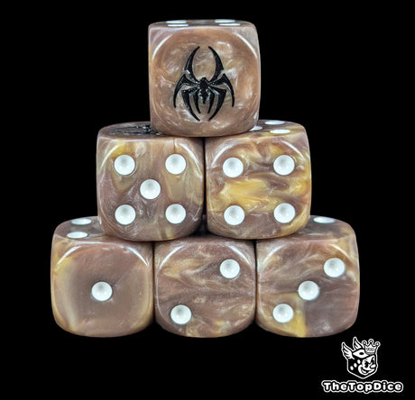 Spider brown 16mm D6 dice with a black spider emblem and white pips for epic fantasy wargames