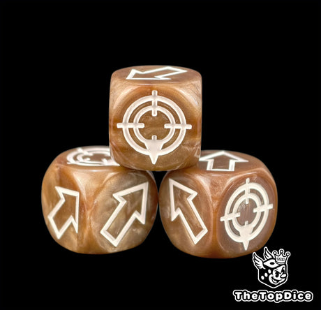 Three brown 16mm resin dice close up, white reading clearly even under bad club lighting