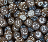 Brown scatter dice in a tray, ready for Warhammer: The Old World cannons and stone throwers