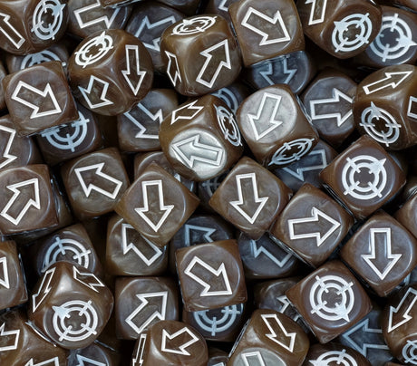 Brown scatter dice in a tray, ready for Warhammer: The Old World cannons and stone throwers