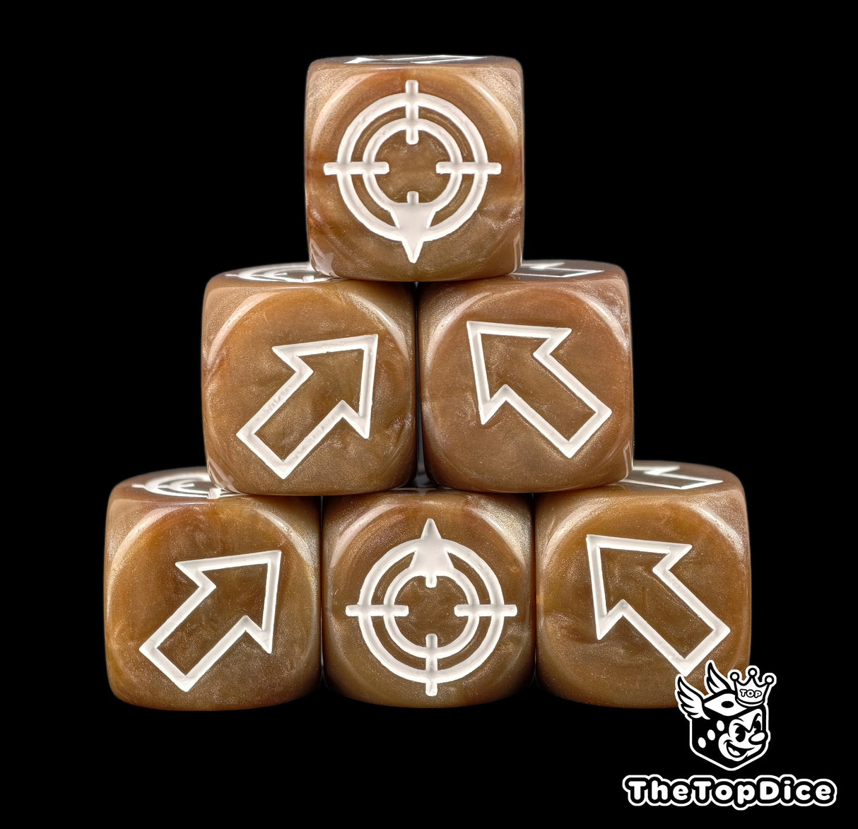 Earth brown resin under white arrows, six dice with their target faces easy to call
