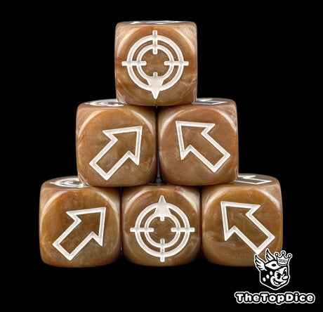 Earth brown resin under white arrows, six dice with their target faces easy to call