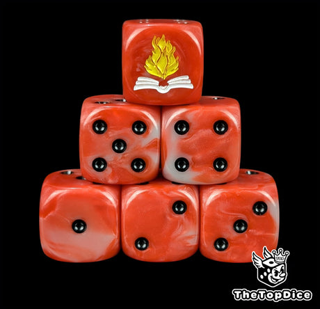 Red resin D6 dice with a white burning tome emblem and black pips