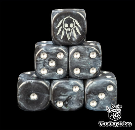 Black 16mm D6 dice with a grey raven skull emblem and silver pips for fantasy wargaming