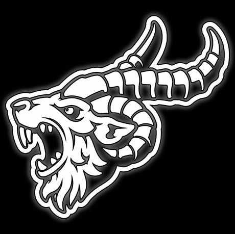 Snarling beast head with long ribbed horns in white on black, tile for Chaos Alliance fantasy 16mm dice